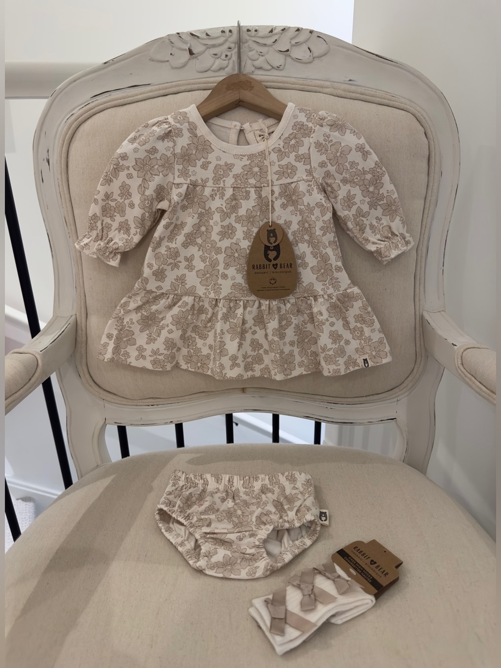 🦢 0~3 Mth Organic Cotton Neutral Beige Floral Baby Dress with Matching Bloomers